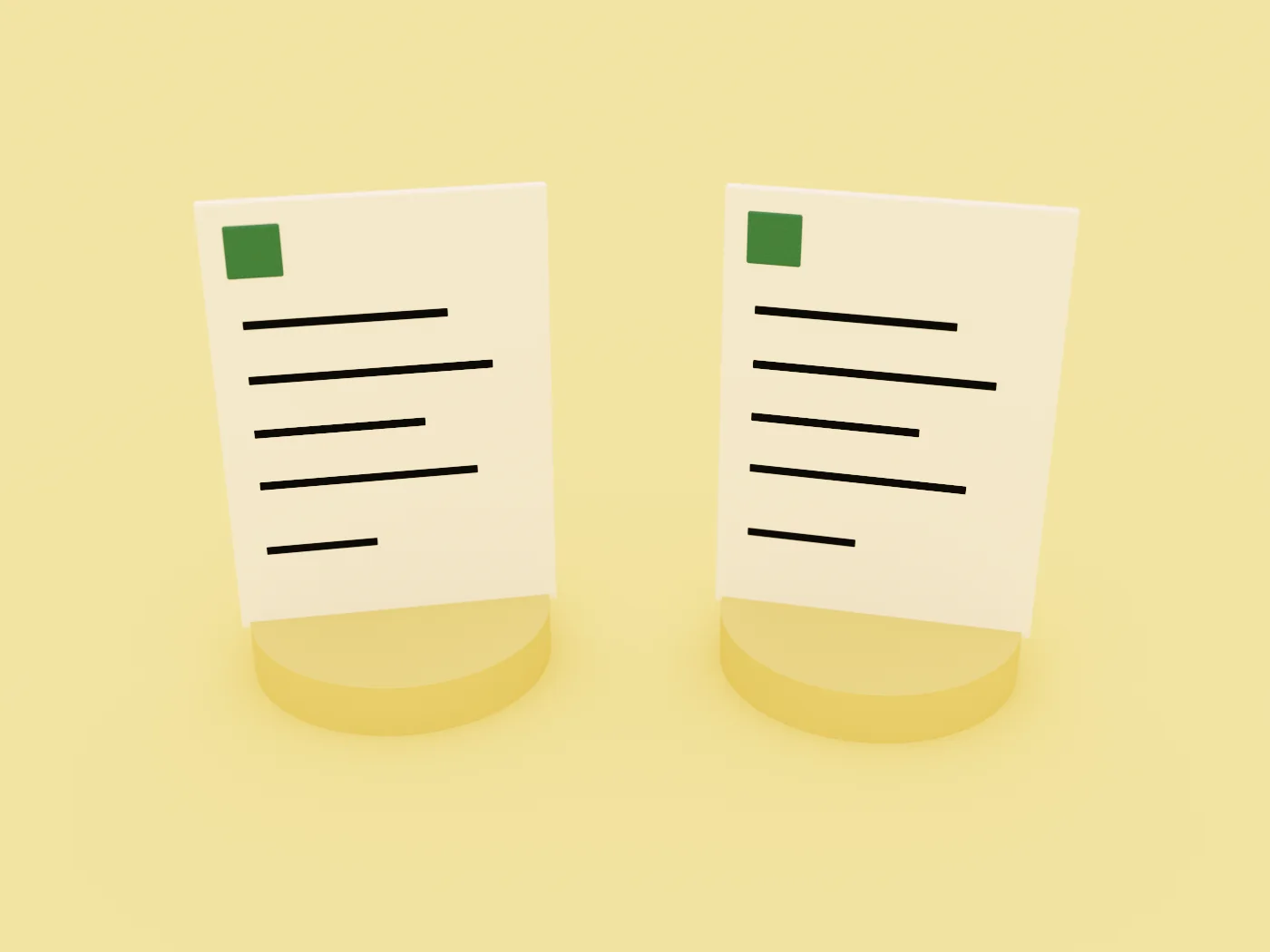 Two identical white receipt slips standing side by side on two small plinths, one for each side