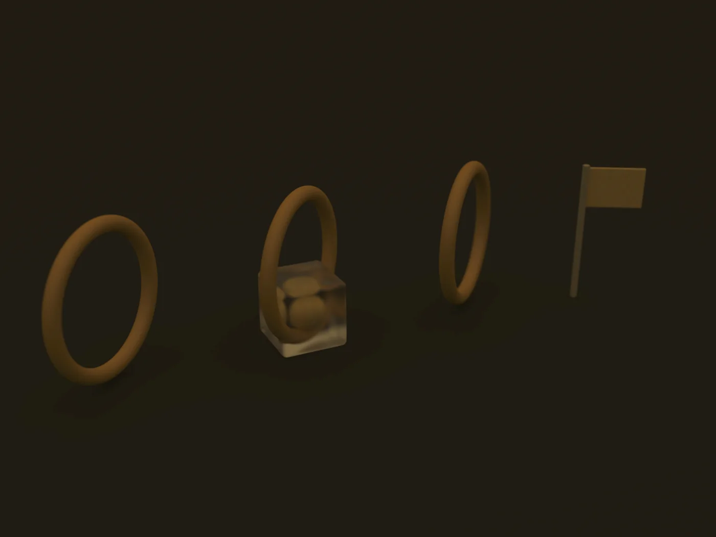 A sample passing through three standing rings in the dark, with a small flag on a pin beside the last ring