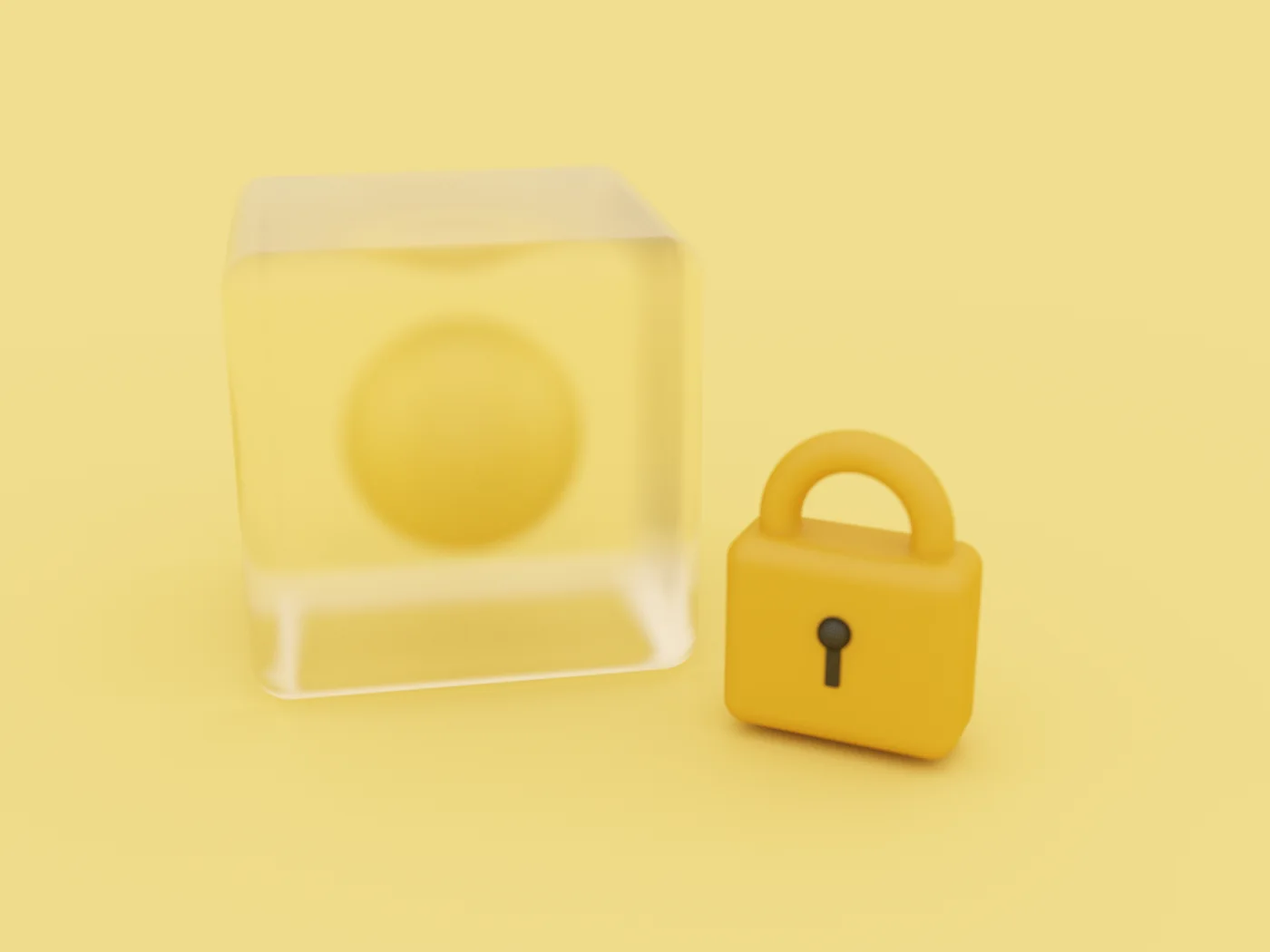 A frosted glass cube with a sample inside, and a honey padlock resting against it