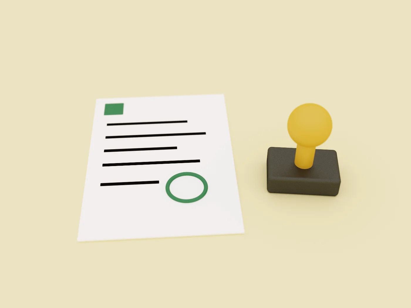 A rubber stamp standing beside a white receipt slip that already carries its mark